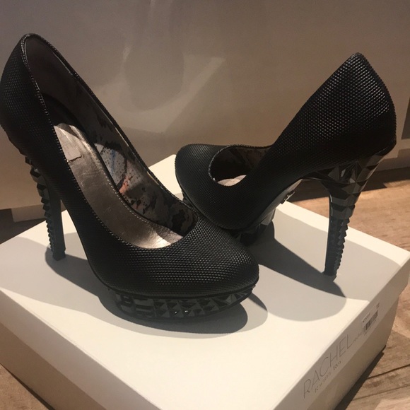 RACHEL ROY Black Textured Studded Round Toe Heels - Picture 2 of 5